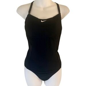 Nike Ribbed One Piece Swimsuit Black T-Back Cutout Womens Size M 8-10 NWT